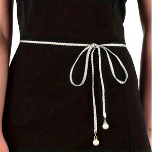 Silver Belt Braided PU Leather Tie Pearl Dress Boho Metallic No Hole Adjustable